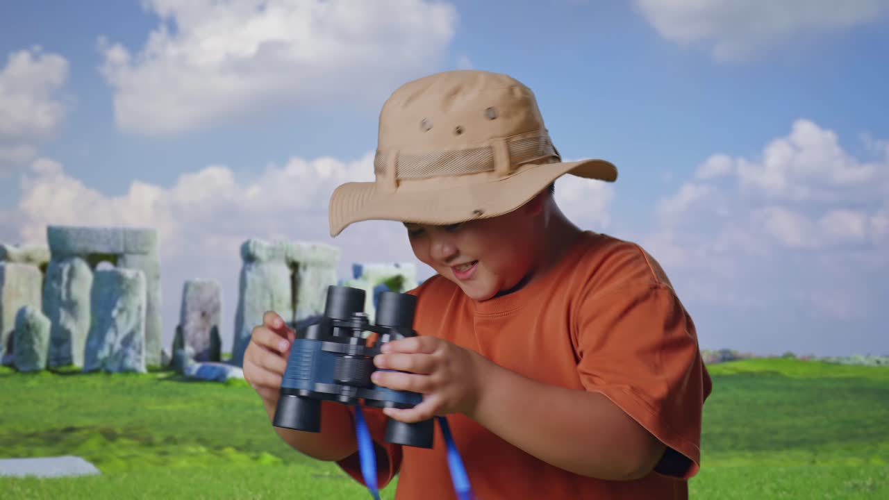 Asian Boy With A Hat Dancing After Looking Through The Binoculars. Boy Researcher Examines Something While Traveling In Stonehenge, Travel Tourism Adventure Concept, Close Up