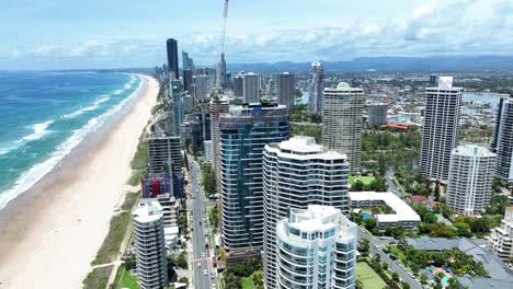 Vacation-wonderland-at-Surfers-Paradise,-Gold-Coast,-Queensland-Australia,-grand-luxury-high-rise-accommodation,-drone-views
