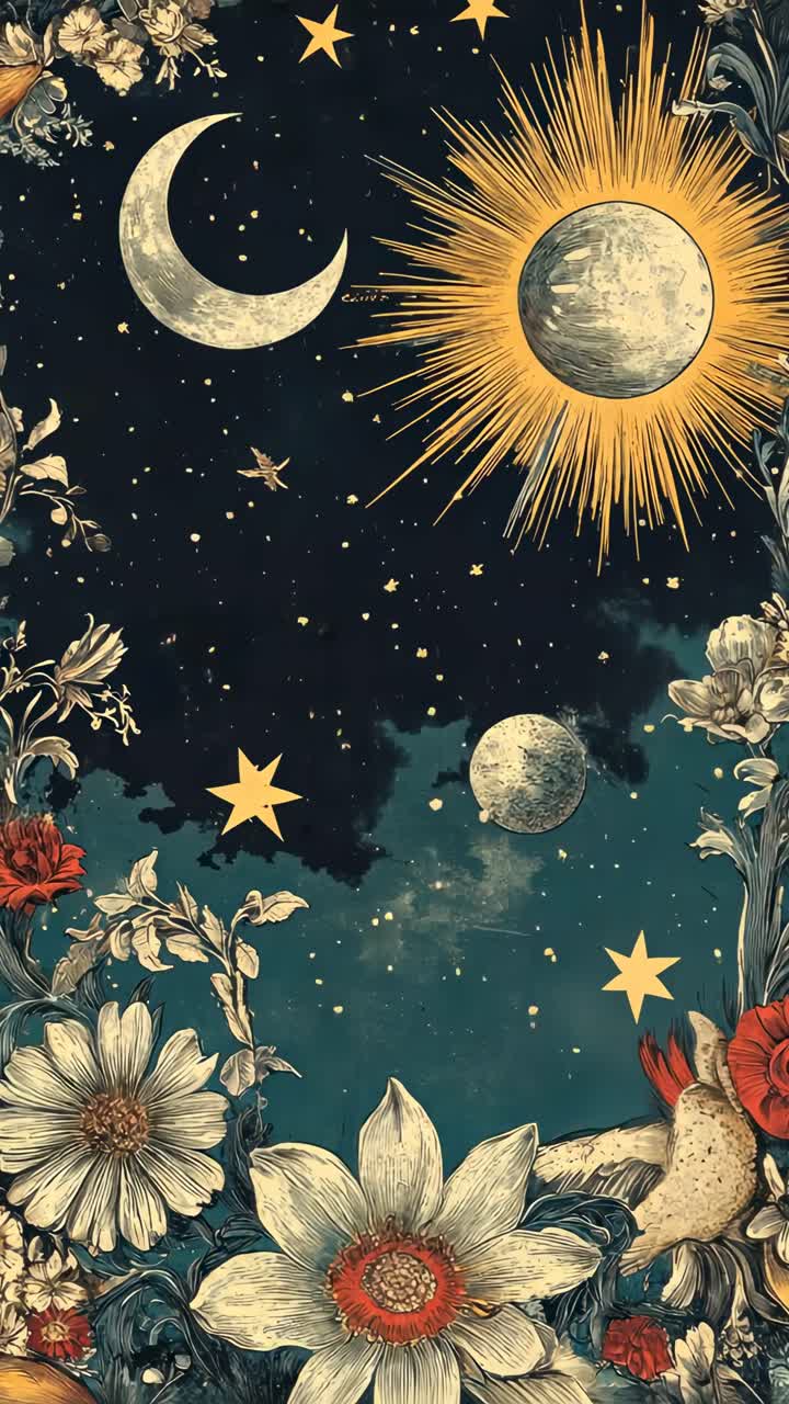 Illustrazione celeste vintage con sole, luna e stelle tra i fiori