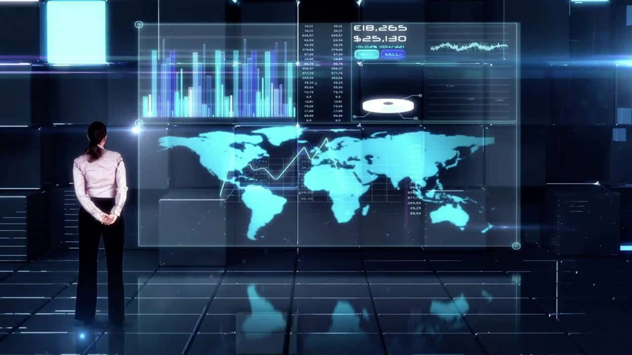 animación de una mujer caucásica tocando una pantalla digital con procesamiento de datos en fondo negro