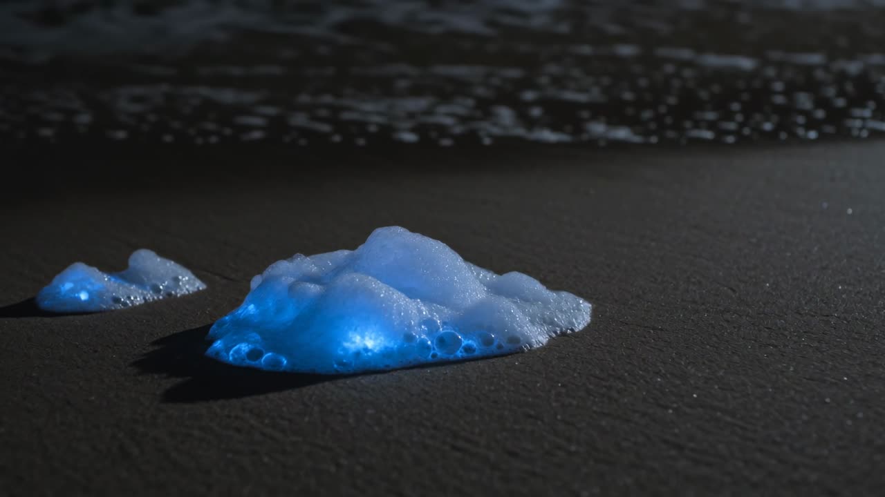 Glödande blåa skumfläckar som vilar på våt sand på natten, med tidvattnet som skiftar och får bubblor att pulsera