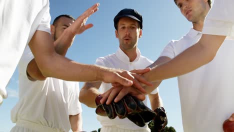 jugadores de cricket que forman una pila de manos durante un partido de cricket