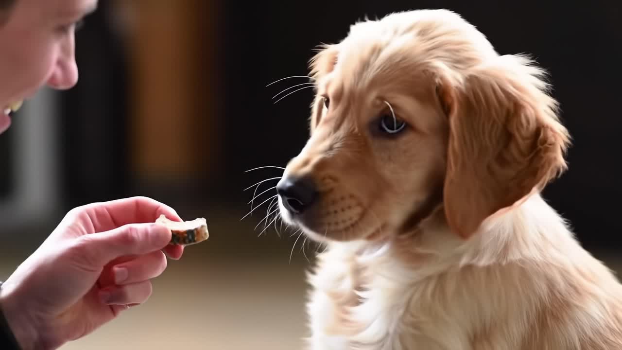 A Playful Golden Retriever Puppy Interacts Lovingly with a Human, Waiting Eagerly for a Treat while Showcasing its Adorable Nature and Playfulness