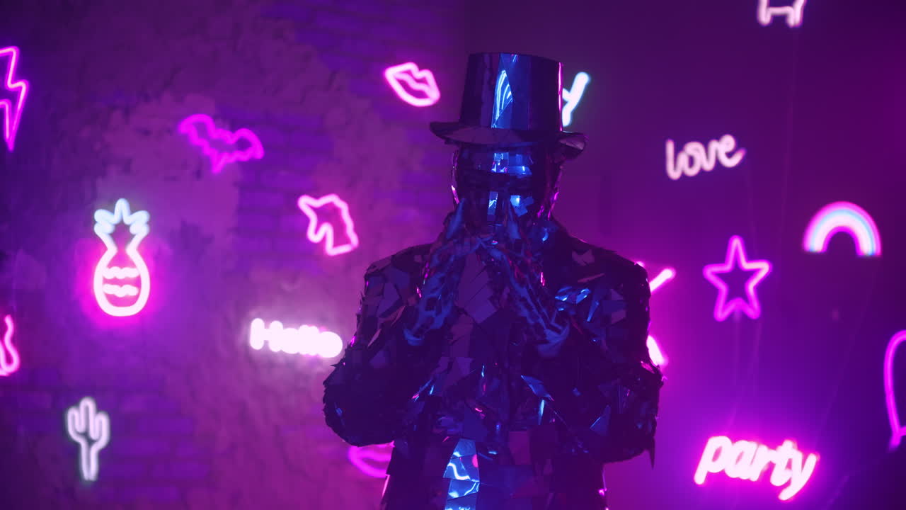A man dances in neon light in a glass suit. Shiny sparkling silver suit and blue purple neon light. New year party