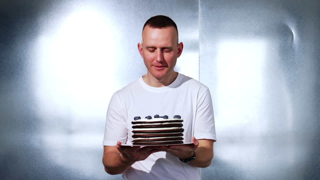 Caucasian man wearing white t-shirt holds the a cake standing his side to camera. Man turns and shows the dessert to camera.