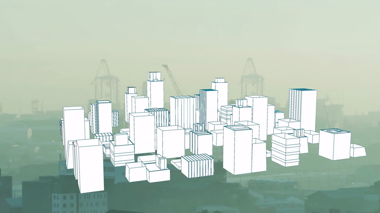 Cityscape with white building outlines animation over urban skyline background