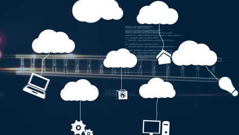 Animation of cloud icons and data processing over dark background