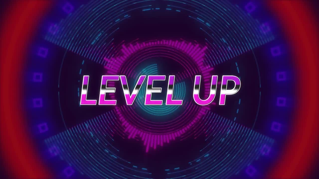 Animation of level up text over colorful moving circles on dark background