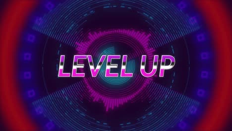 Animation-of-level-up-text-over-colorful-moving-circles-on-dark-background