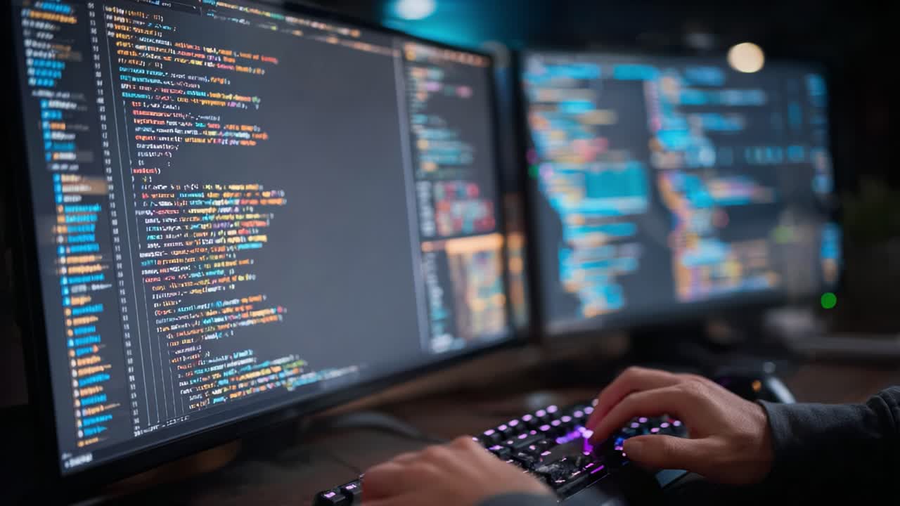 Focused Developer Engaged in Coding with Dual Monitors Displaying Colorful Code, Illustrating the Complexity of Modern Programming and Software Development