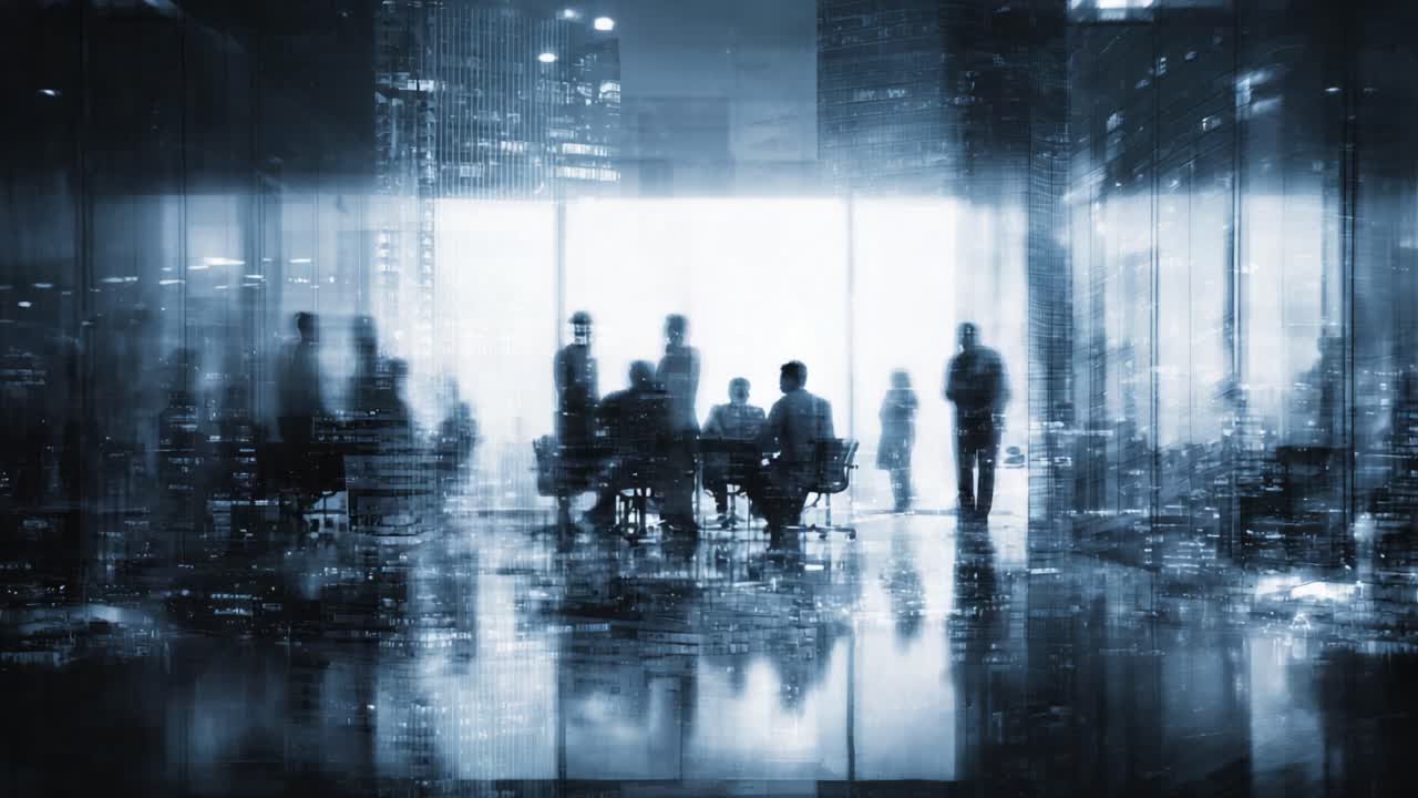 A Contemporary Business Meeting: Silhouetted Professionals Engaged in Collaboration Within a Modern Office Environment