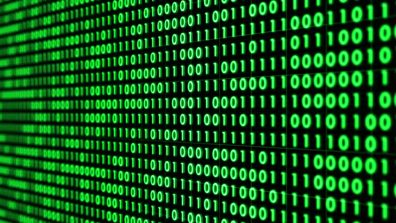 Diagonally moving rows of dense green binary code, consisting of 1s and 0s, represent the fundamental data structure of digital communication and computer systems.