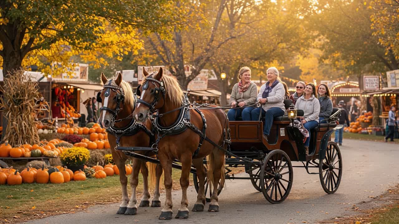 Autumn Horse-Drawn Carriage Ride at a Fall Festival with Pumpkins