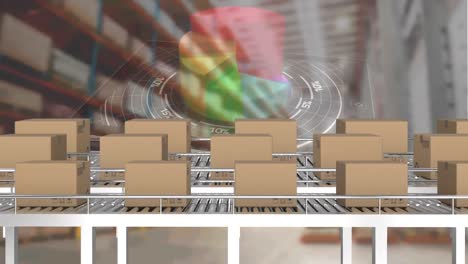 animación del procesamiento de estadísticas sobre cajas de cartón en cintas transportadoras