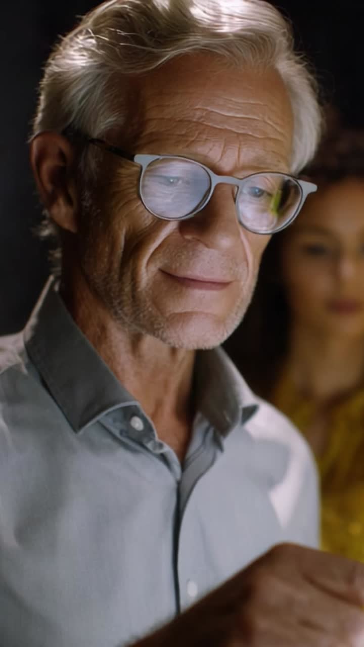 A contemplative older man with glasses thoughtfully examines something on his device while a woman appears in the background, showcasing a moment of connection and focus