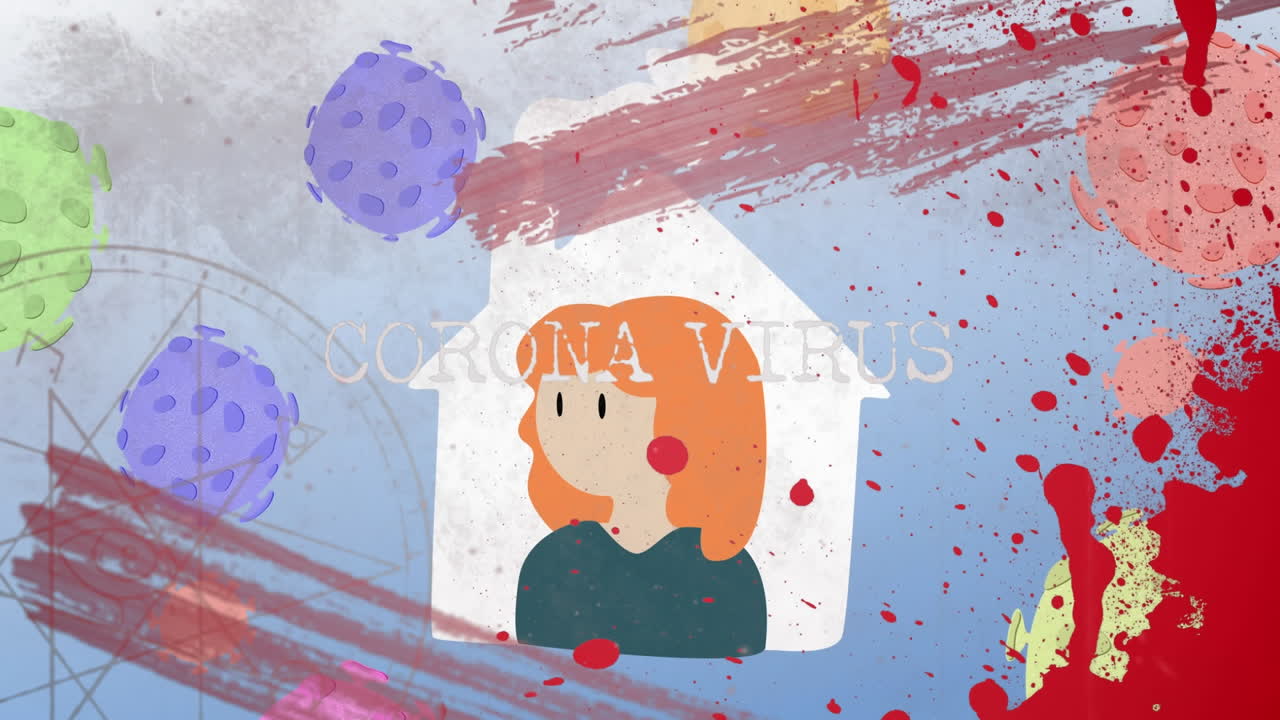 코로나19에 대한 텍스트와 집에 있는 여성 아이콘은 파란색 배경에 은 페인트가 어져 있습니다.