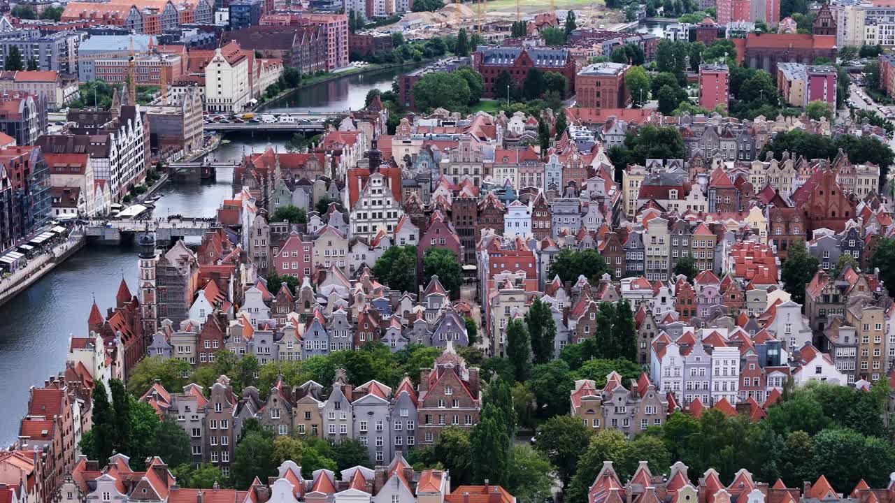 Beautiful, historical buildings of the city of Gdańsk, Poland. Aerial view.