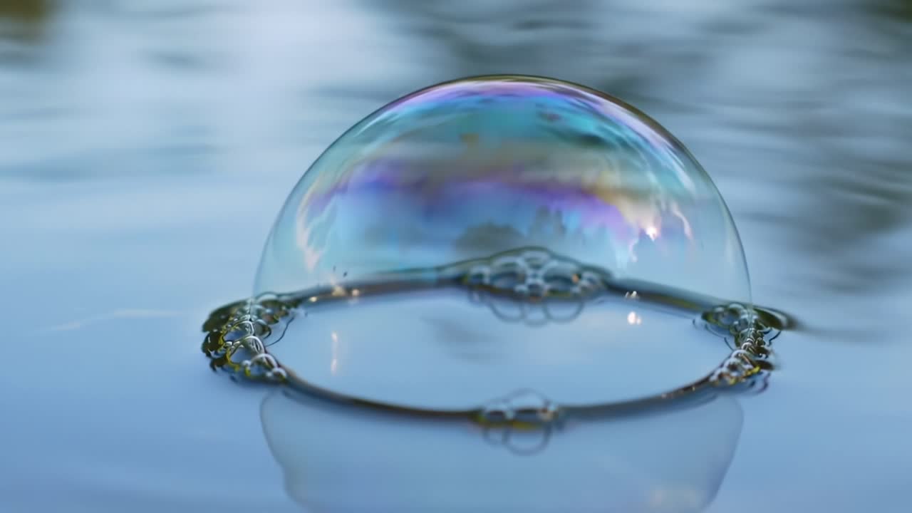 A Beautiful Sequence of Colorful Soap Bubbles Floating on a Calm Water Surface Reflecting Light and Creating Iridescent Patterns Captured in Two Frames