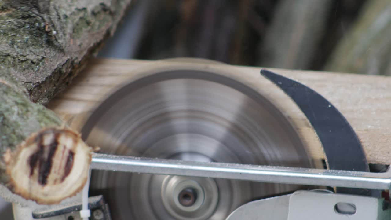 Cutting tree branches on saw blade for firewood.