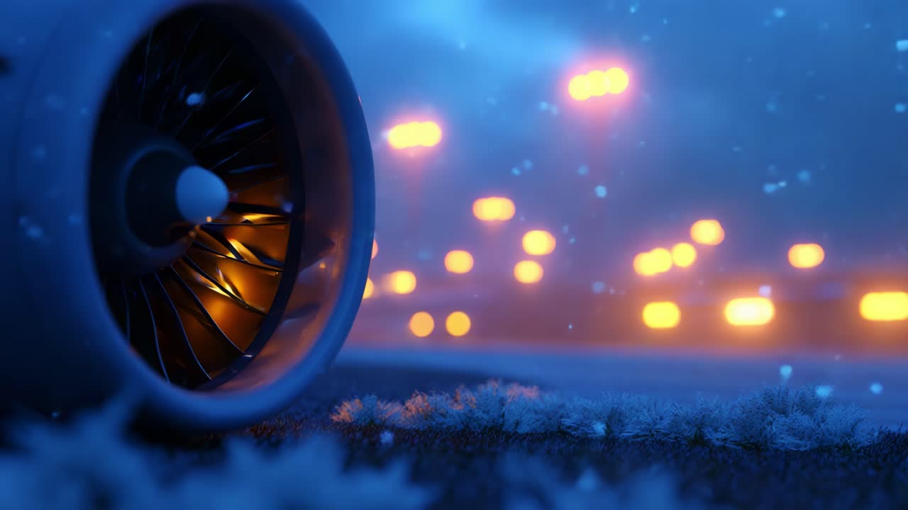 A beautifully captured sequence showcasing the powerful engine of an aircraft nestled in a snowy landscape, illuminated by warm lights in the background, conveying a tranquil yet awe-inspiring winter atmosphere