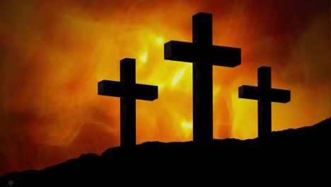 animation of silhouette of three christian crosses over orange clouds