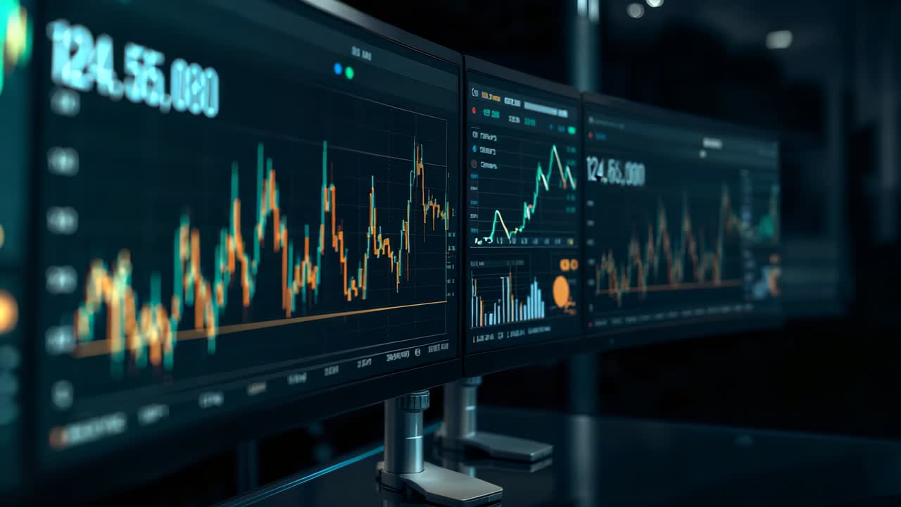 Displaying market charts on curved triple-monitor setup receiving data updates at trading desk