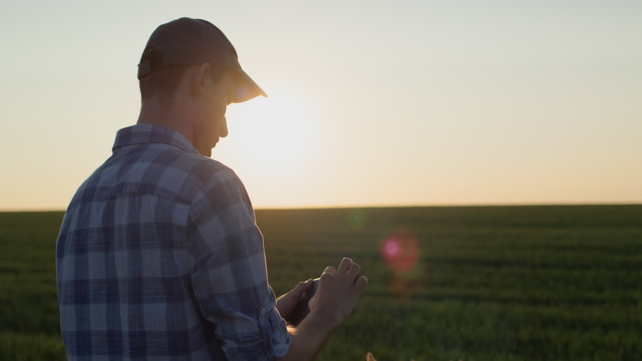 Jovem agricultor bem-sucedido trabalhando no campo. Um homem usa um tablet - novas tecnologias na agricultura