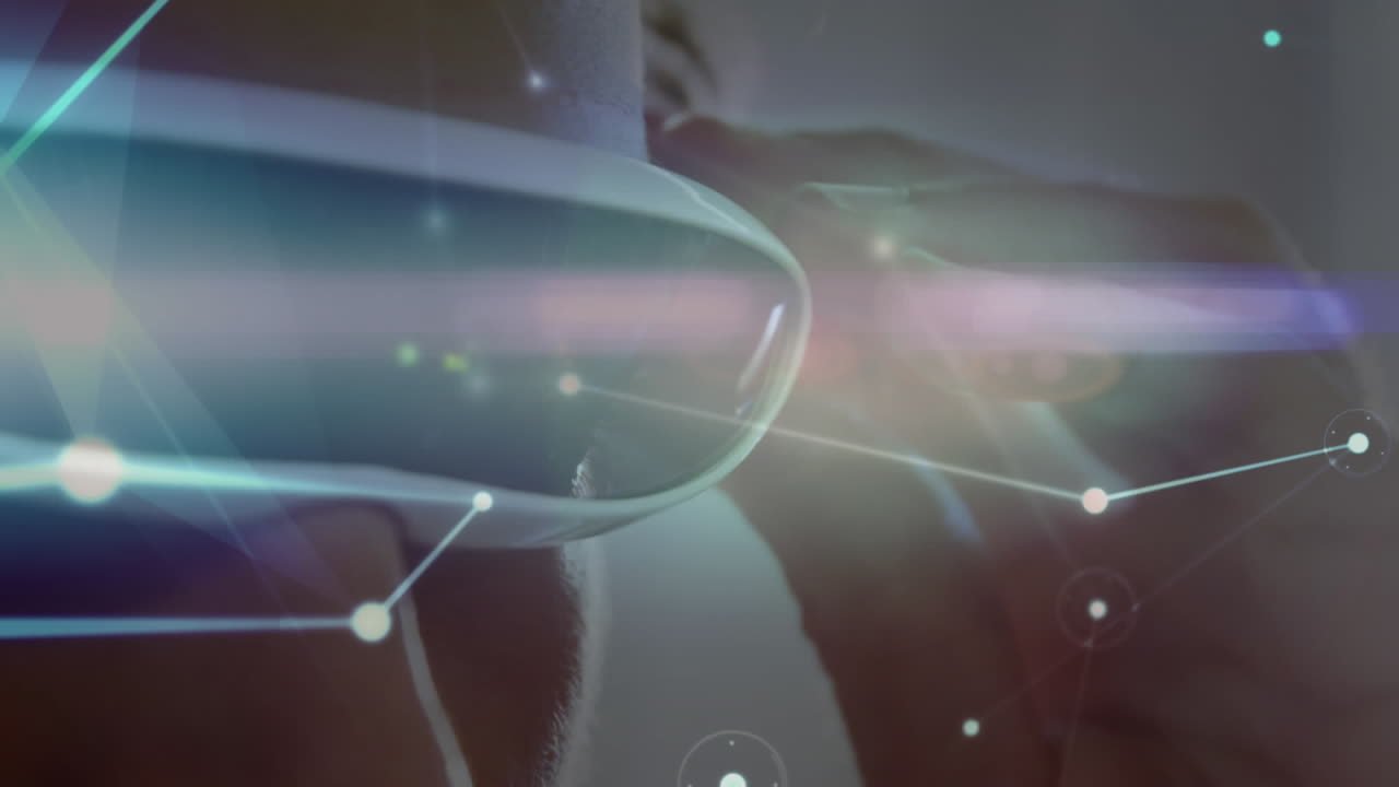 Animation of network of connections over man wearing vr headset