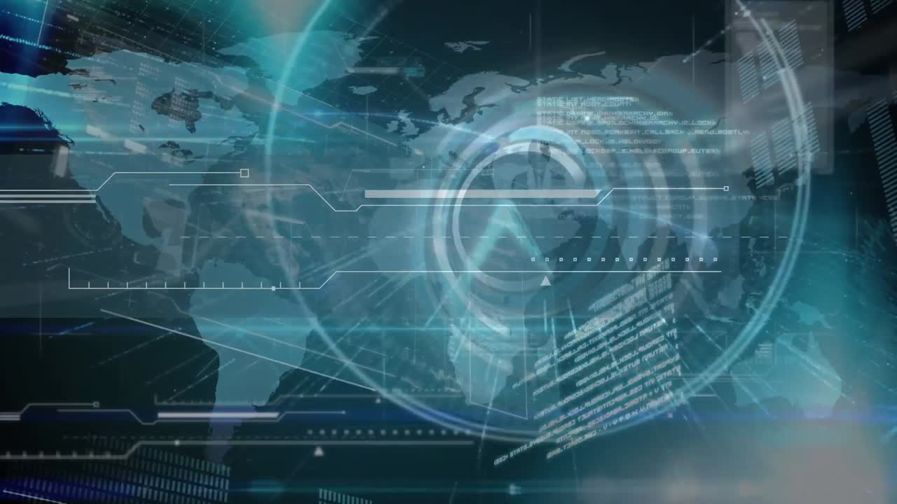 세계 지도 위에서 시계 이동과 데이터 처리의 애니메이션