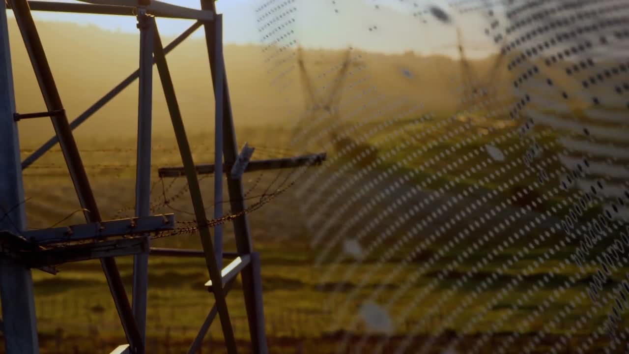 animación del globo sobre los postes de electricidad al atardecer