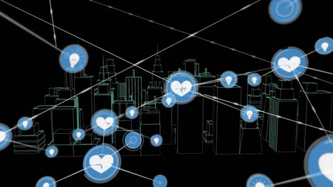 Animation-Von-Verbindungsnetzwerken-Mit-Symbolen-über-Einer-3D-Stadtzeichnung,-Die-Sich-Auf-Schwarzem-Hintergrund-Dreht