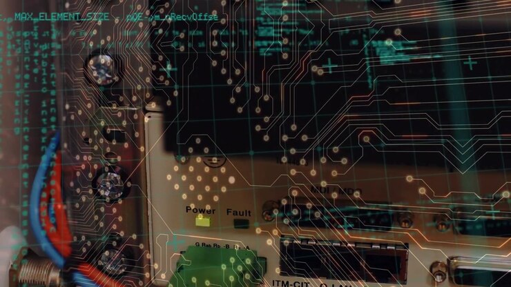 Animation of computer circuit board over data processing and server