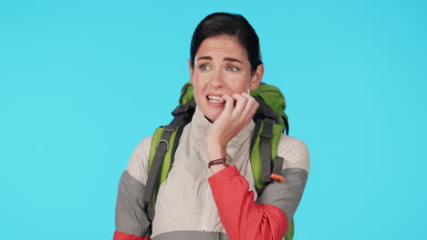 nervous, anxiety and woman tourist in a studio