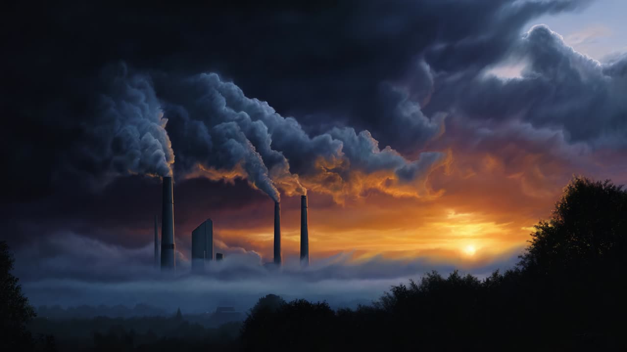 Dramatic Transformation of an Industrial Landscape Captured at Sunset, Showcasing Towering Chimneys Discharging Smoke into a Brooding Sky with Vivid Colors and Eerie Fog Enveloping the Ground