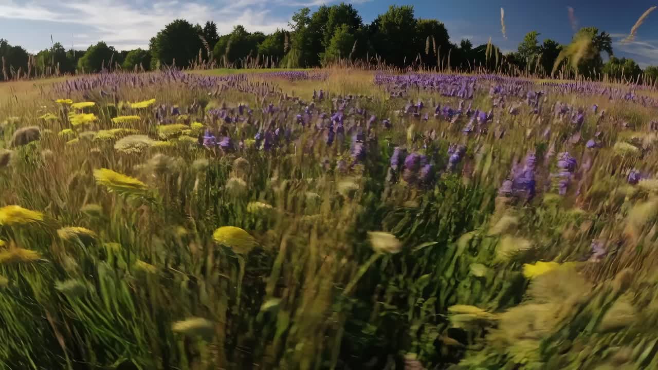 Geniş açılı bir video, berrak mavi bir gökyüzünün altında capcanlı kır çiçekleriyle dolu yemyeşil bir çayırı görüntülüyor.