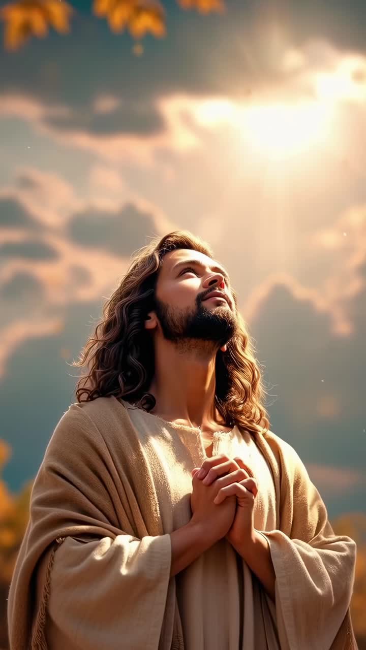 Una escena de video serena con una vista en contrapicado de una persona mirando al cielo, bañada por la luz del sol.