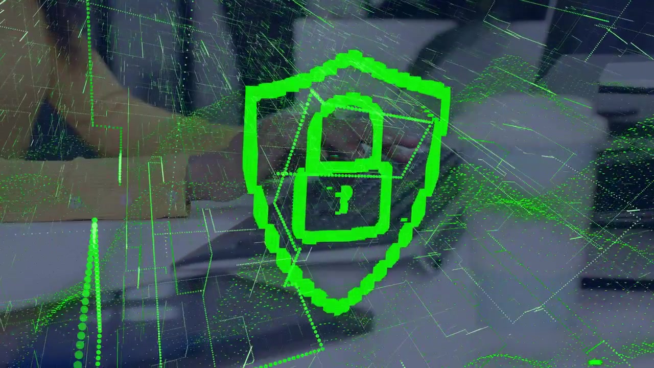 Office worker typing on keyboard, initiating neon green shield and padlock rising, securing login