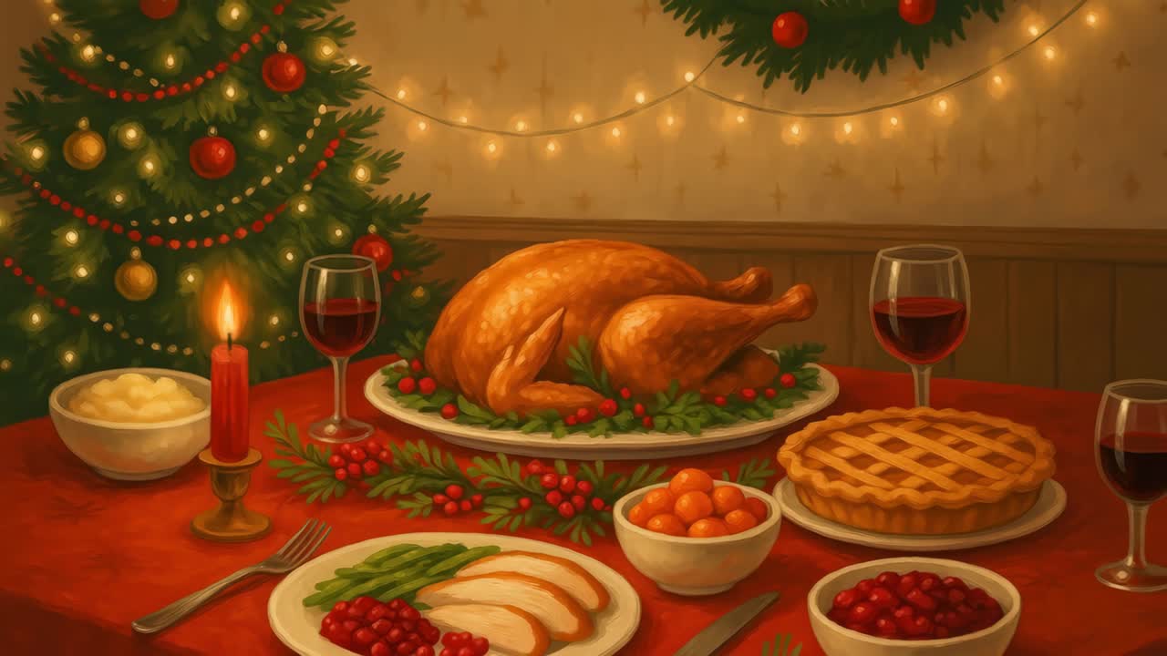 Festive holiday dinner scene with a roasted turkey, pie, and wine