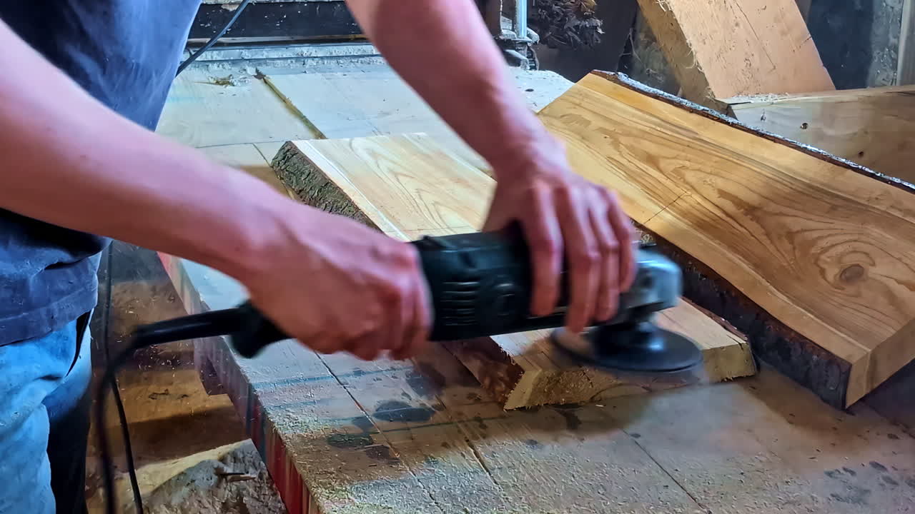 Carpenter electric sanding rough wooden timber plank with skill on workshop bench