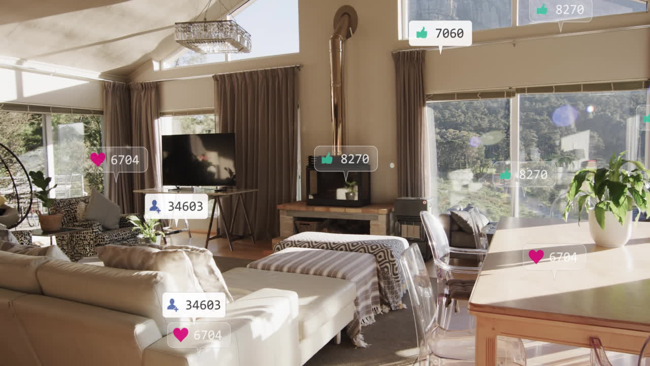 소셜 미디어 알림 - 큰 창문과 함께 현대적인 거실에 대한 애니메이션