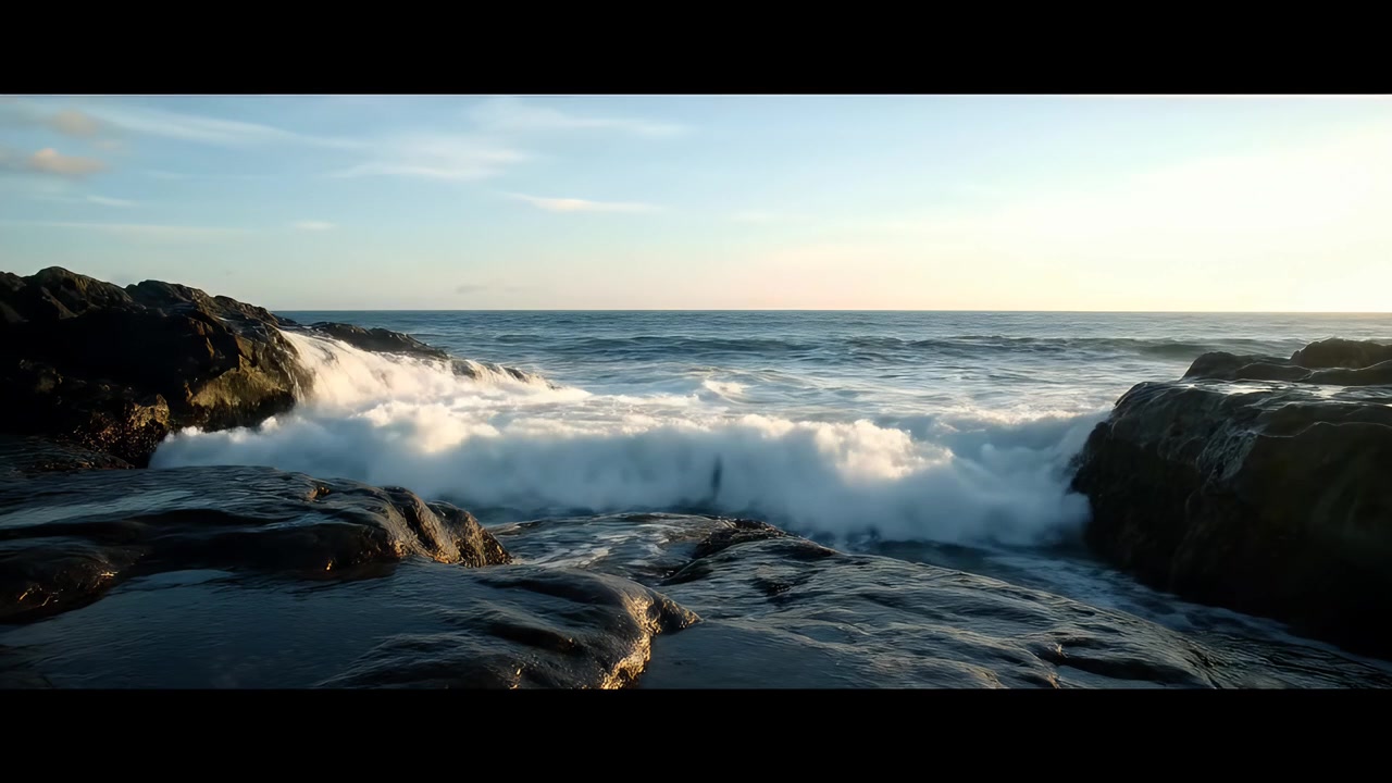 Ocean Waves Crashing Against Rocky Shoreline at Sunset