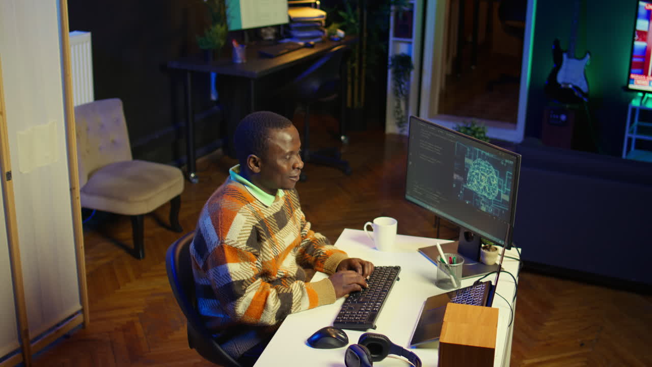 Man working on computer with headphones
