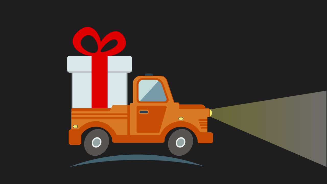 배달 평평한 운송 트럭, 흑색 선물 상자 패크와 함께 밴.