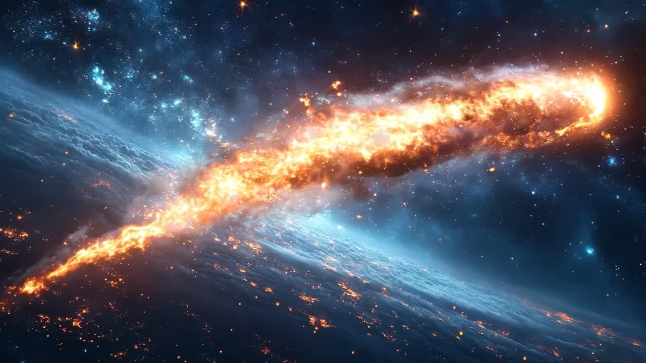 A fiery comet is streaking through the sky, leaving a trail of smoke and fire behind it. The scene is set in a vast, empty space with no other objects visible. The comet's trajectory is long