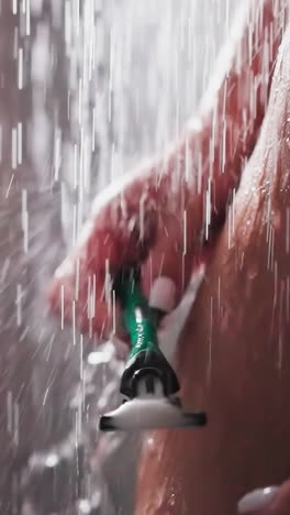 woman with razor stands in shower water flow closeup. naked lady with slim body prepares to remove hair in bathroom. privacy in home washroom