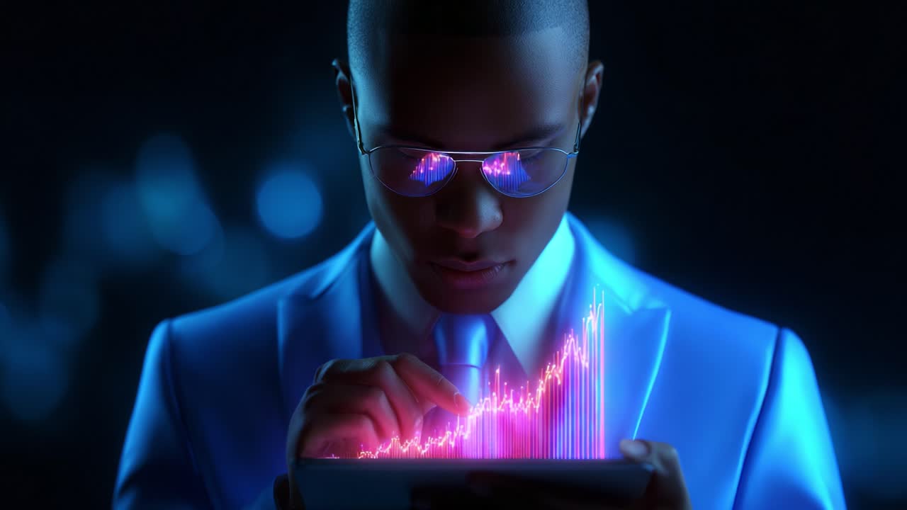 A Modern Financial Analyst Utilizing Advanced Technology to Analyze Data Trends and Make Strategic Decisions, Showcasing Innovative Tools and Futuristic Graphical Interfaces in a Dimly Lit Environment