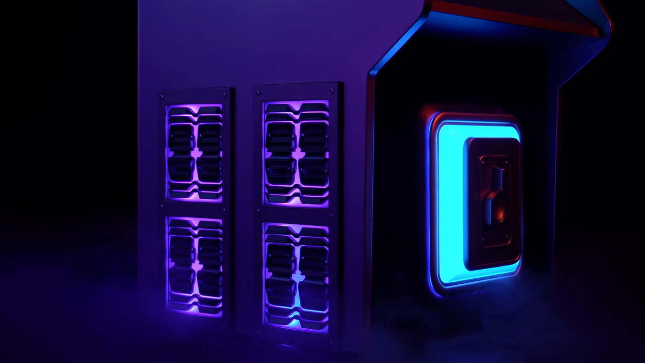 Mørkt moderne interiør med en cyan og magenta oplyst døråbning eller panel til højre, der kaster farvede refleksioner hen over skyggefulde vægge og skaber en elegant