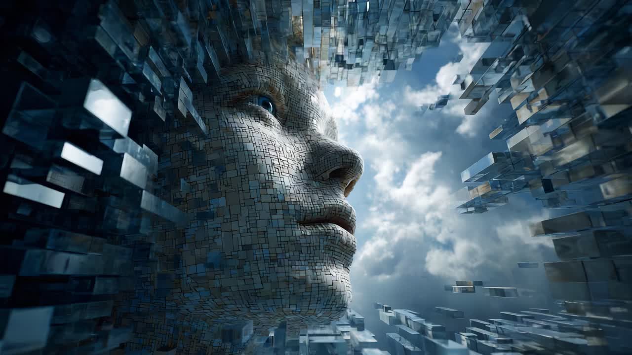 A surreal, fragmented human face emerges from a digital landscape, blending the concepts of humanity and technology, capturing the essence of a virtual existence in a beautiful yet chaotic world
