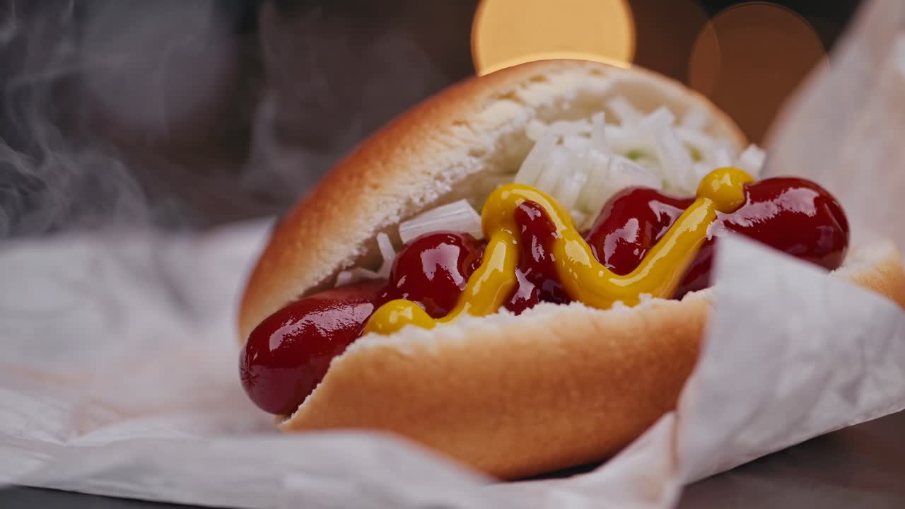 Ripresa video ravvicinata di un hot dog con ketchup e senape, catturata da un'angolazione bassa.