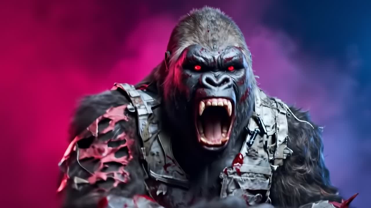 A gorilla with blood on his face and arms outstretched